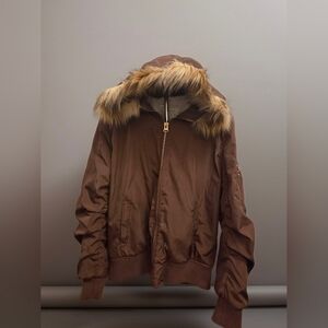Angel Kiss Bomber Jacket Satin Rosegold W Brown Faux Fur Hood Y2K